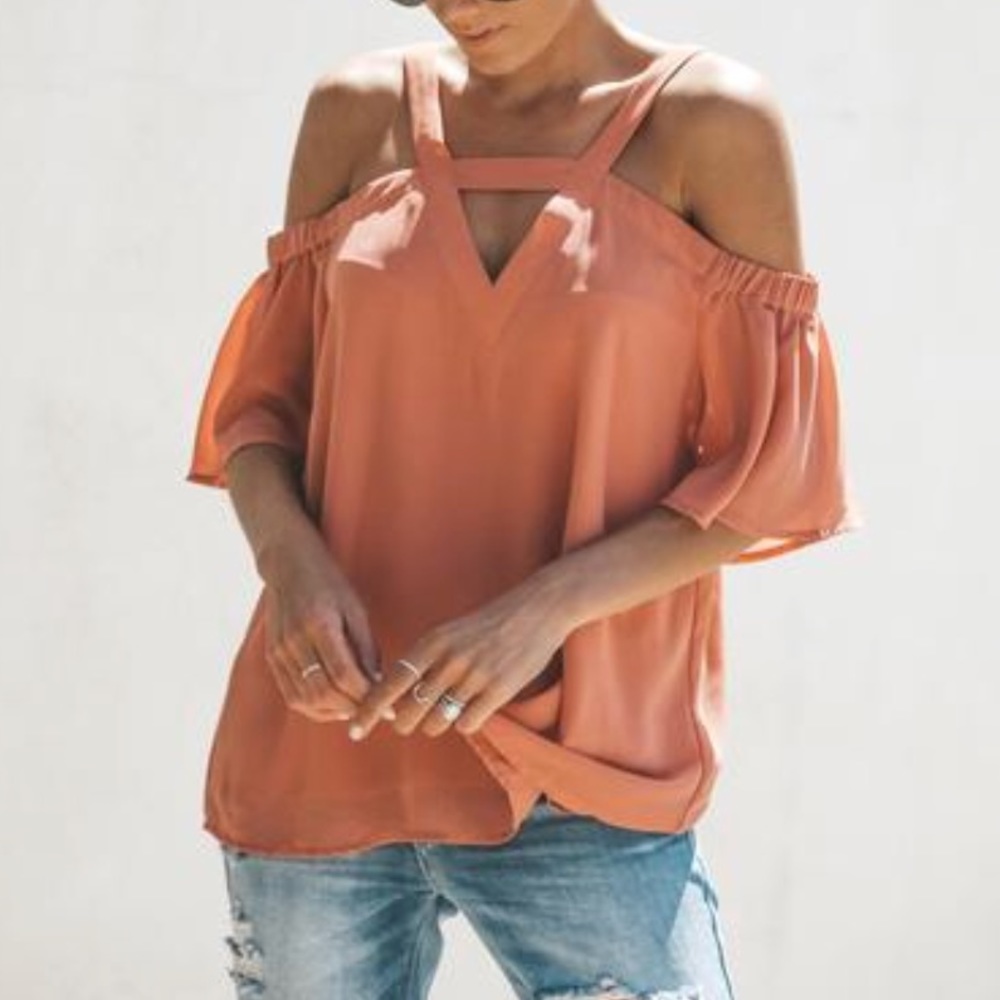 NWT Salmon Cold Shoulder Cut Out Top Blouse Shirt